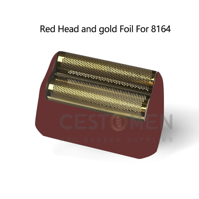 A close-up view of a red head and gold foil shaver blade set for model 8164.