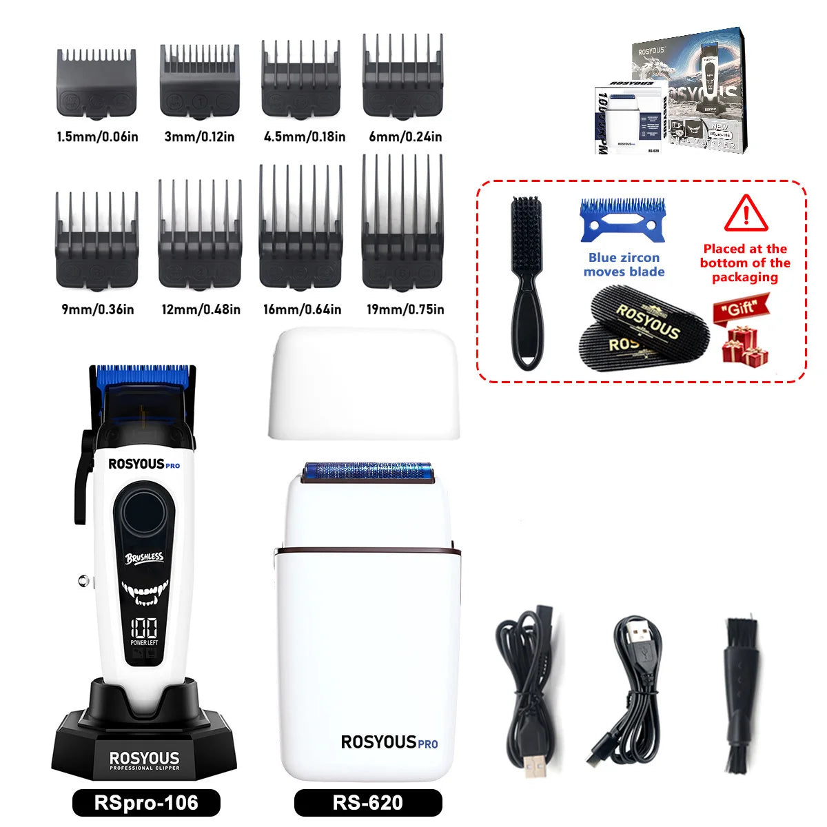 A collection of hair clipping tools including a hair clipper, various blades, and accessories for the ROSYOUS RSPro model.