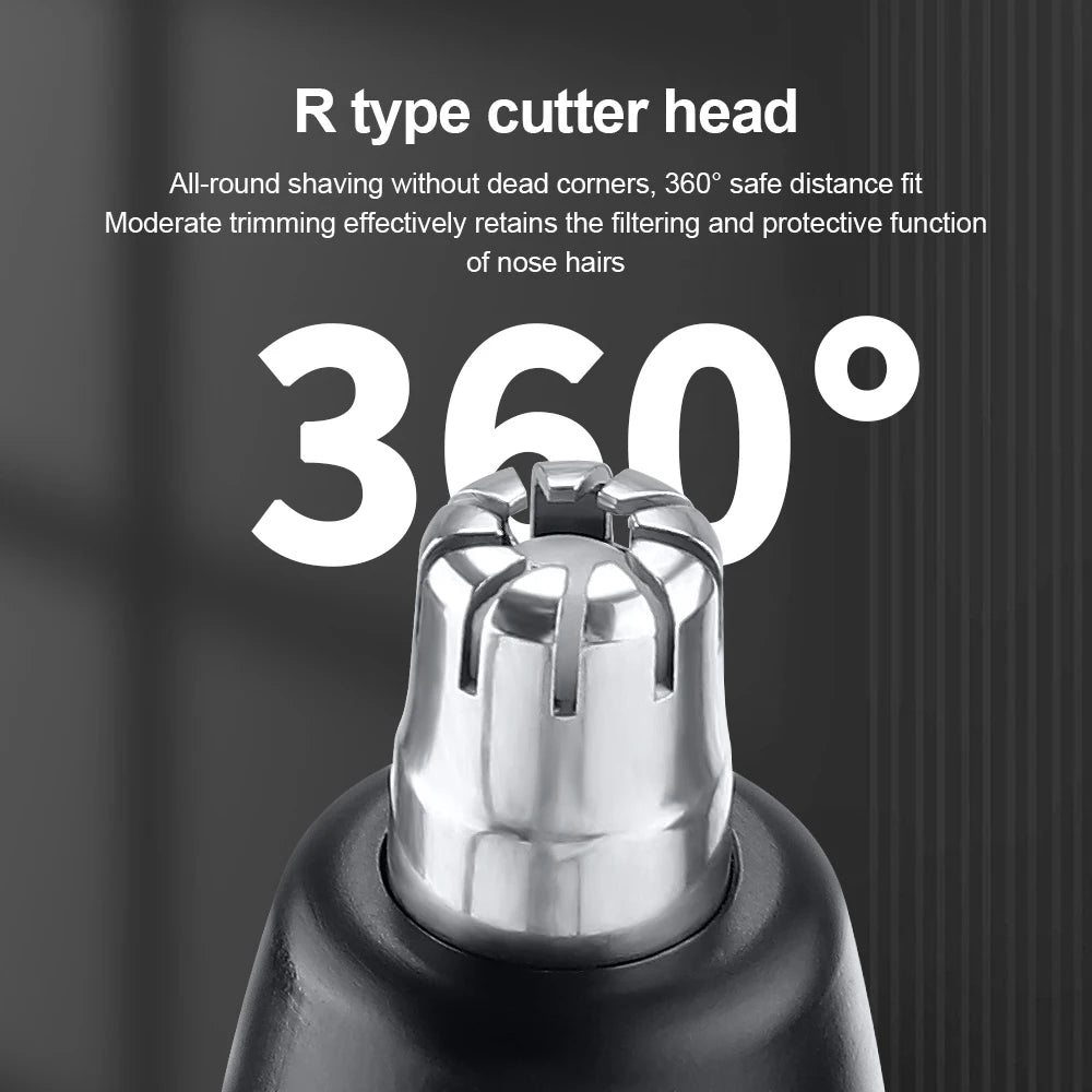 Close-up of an R type cutter head for a portable electric nose hair trimmer with LED display.