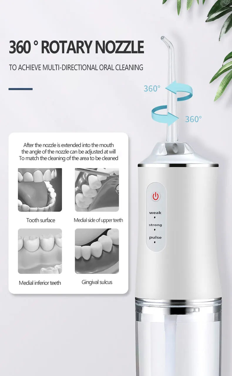 A white portable water flosser with a 360° rotary nozzle is shown, demonstrating multi-directional oral cleaning features.
