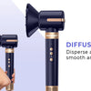 A close-up view of a black diffuser nozzle attachment for a hair styling tool, demonstrating air dispersion.