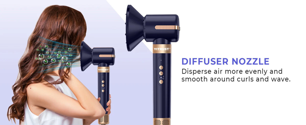 A close-up view of a black diffuser nozzle attachment for a hair styling tool, demonstrating air dispersion.
