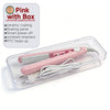 Pink ceramic hair curler and straightener with box packaging shown in a clear plastic container