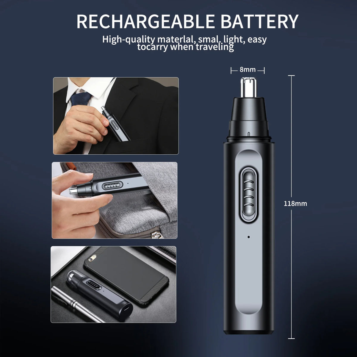 A sleek black USB rechargeable electric nose hair trimmer shown in various contexts for grooming and travel.