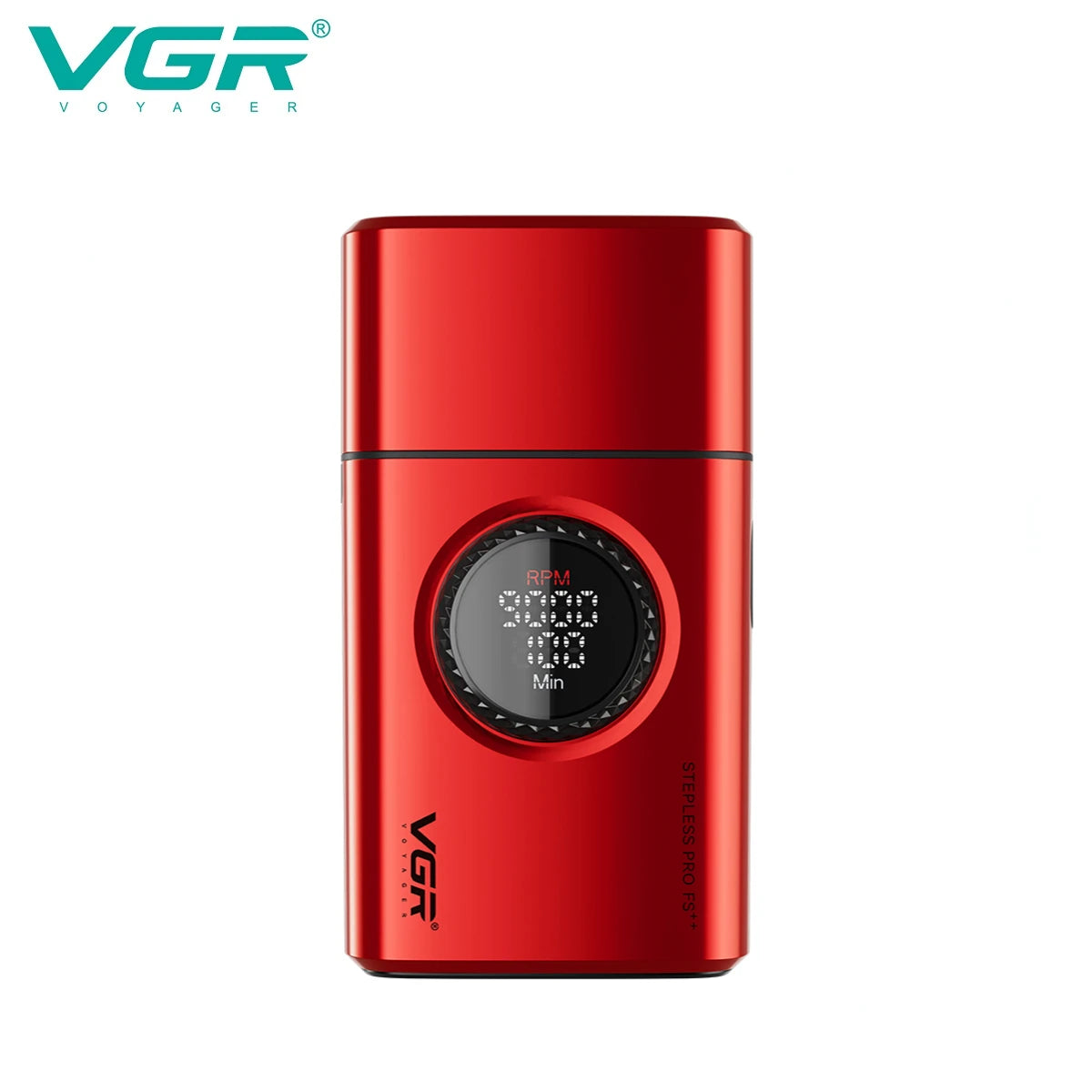 A red VGR Voyager electric beard and mustache trimmer with a round control dial.