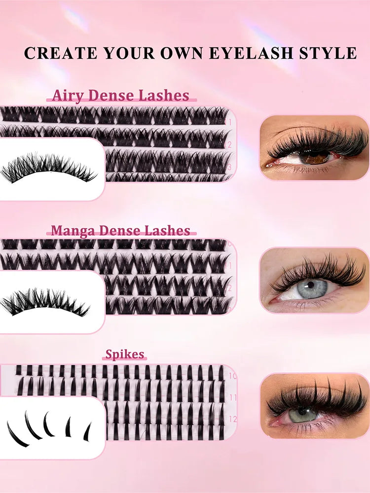 Présentation de styles de extensions de cils : Cils denses aériens, cils manga et pointes.