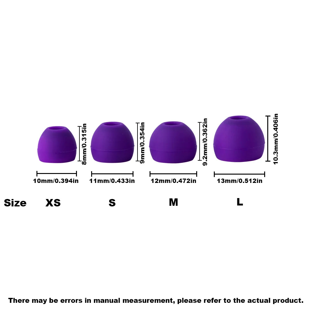 A set of purple silicone earplugs shown with size measurements for XS, S, M, and L.