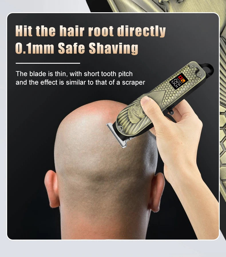 A hand is using an electric hair clipper to shave the scalp, demonstrating its 0.1mm safe shaving capability.