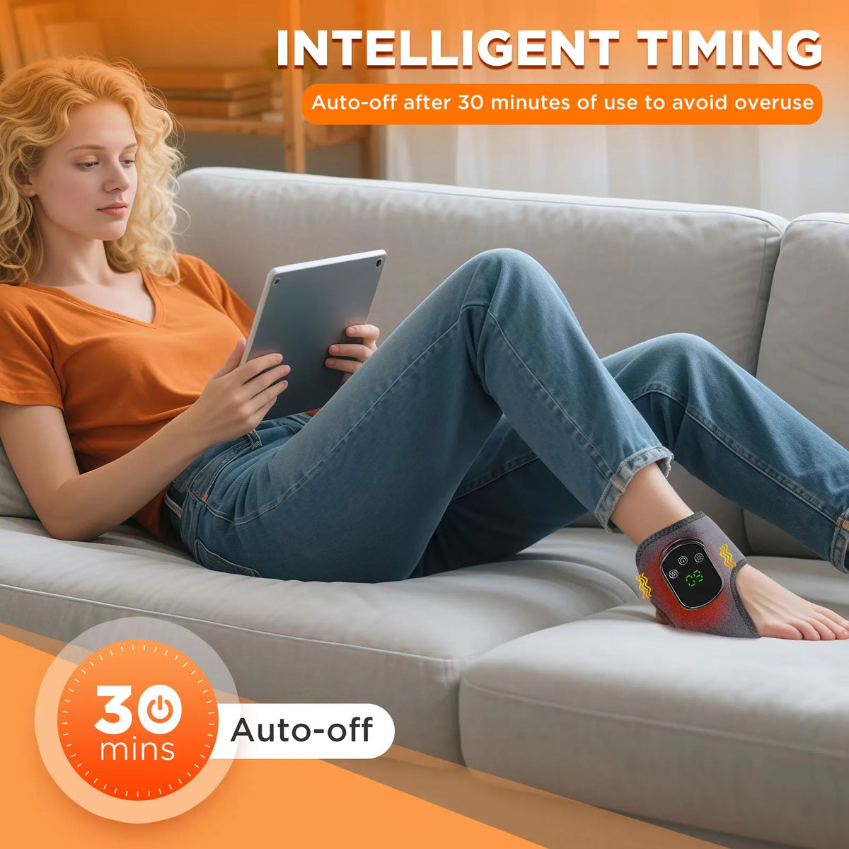 A woman is relaxing on a couch using a wrist/ankle brace while holding a tablet, demonstrating intelligent timing for auto-of