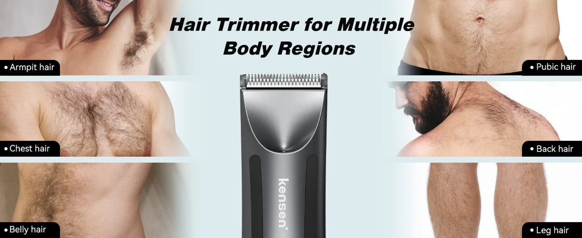 A Kenso electric hair trimmer shown with various body hair regions like armpit, chest, belly, pubic, back, and leg.