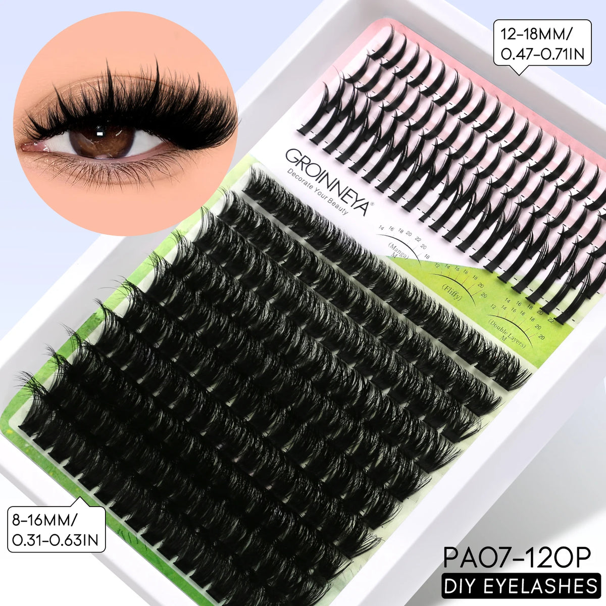 A package of black DIY spiky lash clusters for bold eye extensions with measurements provided.