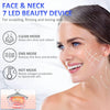A woman is using a 7 LED beauty device on her face and neck for sculpting, firming, and toning skin.