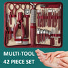 Juego de 42 herramientas de acero inoxidable para manicura y pedicura en estuche de cuero rojo.