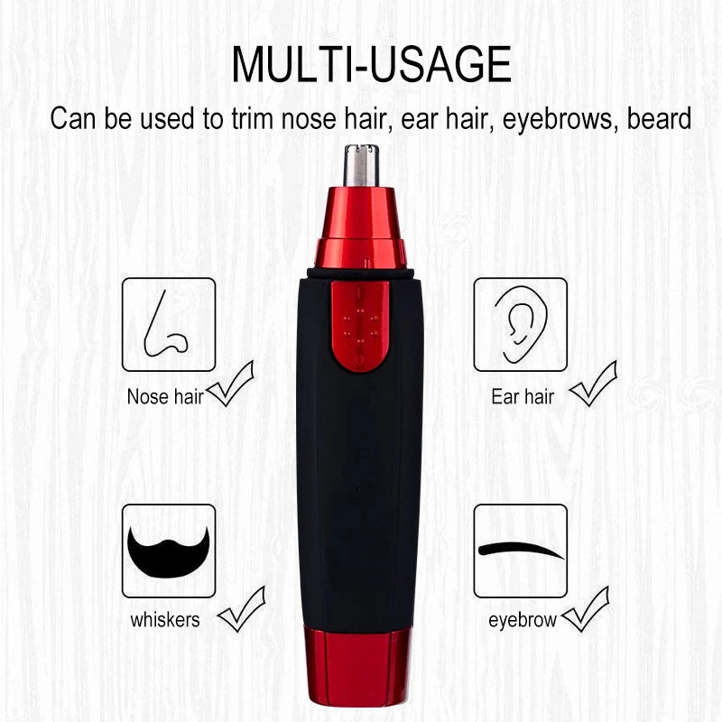 A black and red multi-usage battery grooming trimmer used for trimming nose hair, ear hair, eyebrows, and beard.