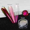 A set of nail glitter powders including black base, black base with mixing gel, clear base, and a magenta shade AA-01.