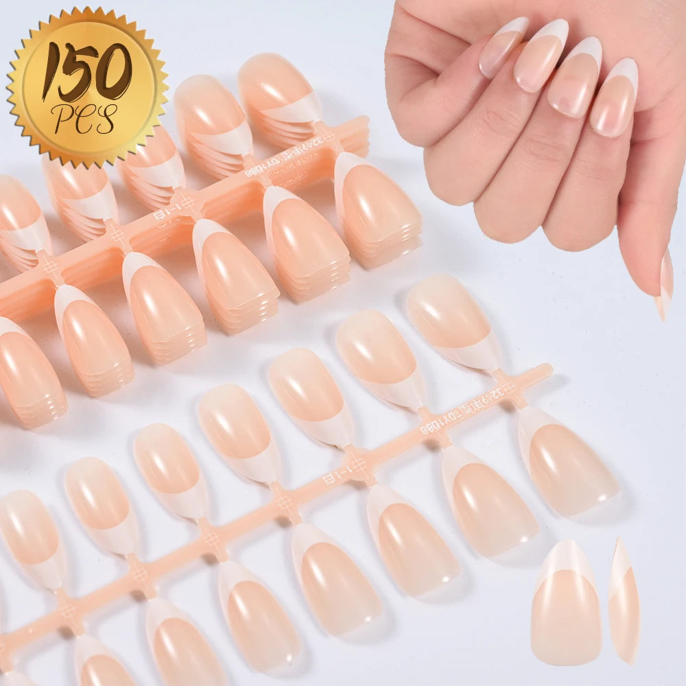 A set of matte pink French press on artificial fingernails displayed on a white background.