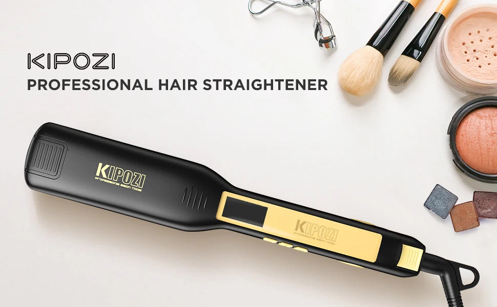 A black KIPOZI professional hair straightener lies on a white surface next to styling tools and makeup products.