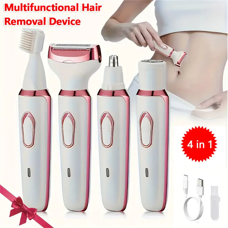A set of four multifunctional electric devices for hair removal, including a shaver and epilator, being used on skin.