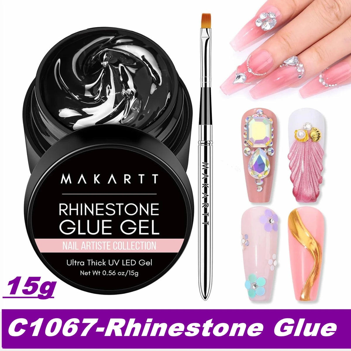 A set of Makartt Rhinestone Glue Gel for nail art featuring various shades and application tools.