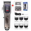 A professional cordless hair clipper with an LED display and various interchangeable blades shown alongside the product box.