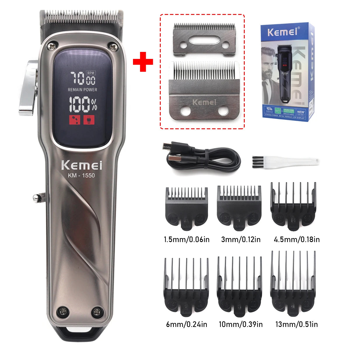 A professional cordless hair clipper with an LED display and various interchangeable blades shown alongside the product box.