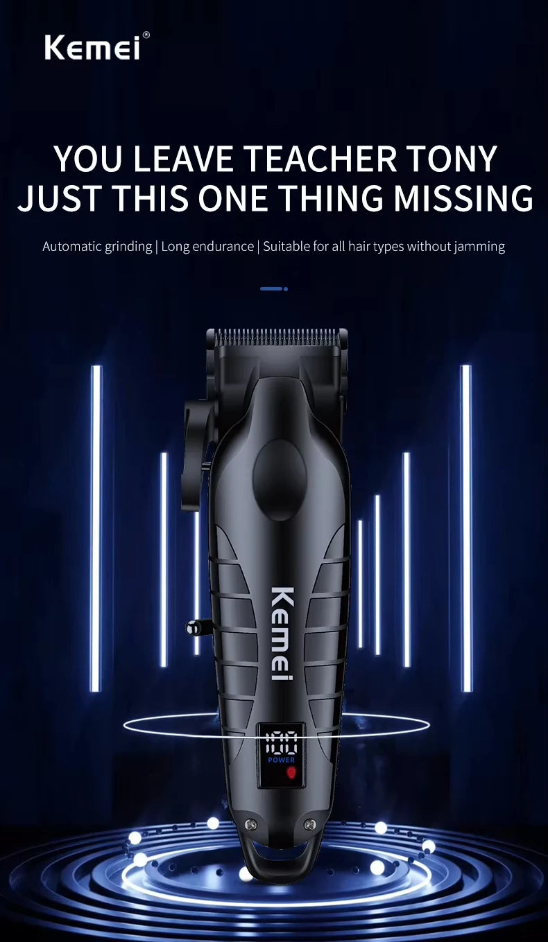 A black Kemei electric hair clipper is shown against a blue light background.