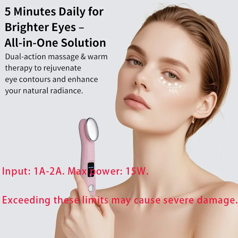 A woman is using a pink eye massager wand on her face for rejuvenation.