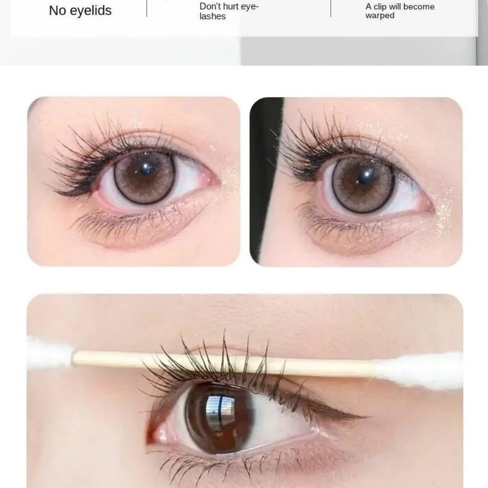 Close-up of an eye being curled using a dual-type eyelash curler with a comb.
