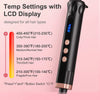 A black ceramic curling wand with an LCD display showing temperature settings and various hair type options.