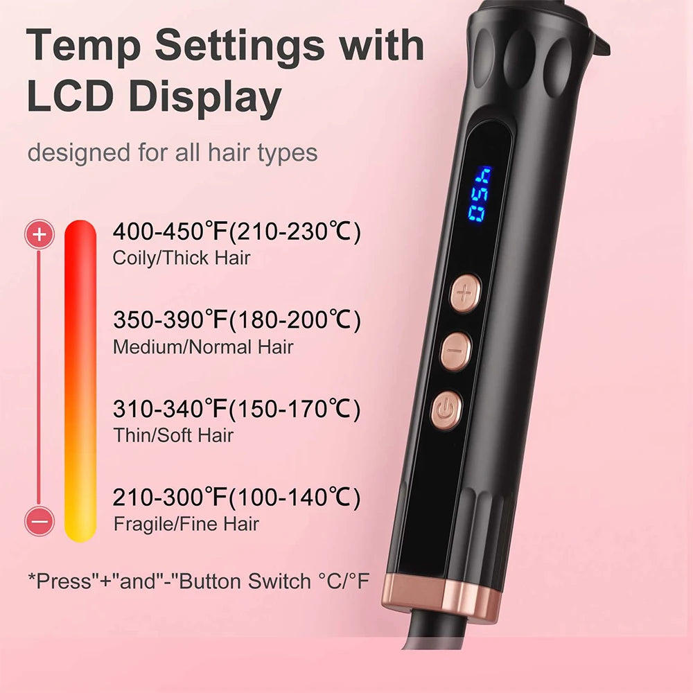 A black ceramic curling wand with an LCD display showing temperature settings and various hair type options.