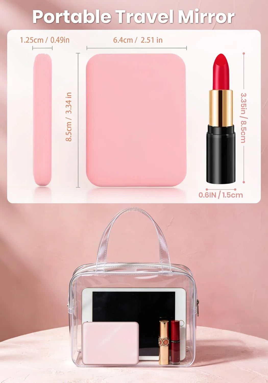 A portable pink makeup mirror is shown inside a clear plastic case with other cosmetic items.