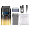 A professional electric beard trimmer shaver with a black and gold body, accessories, and replacement blades.