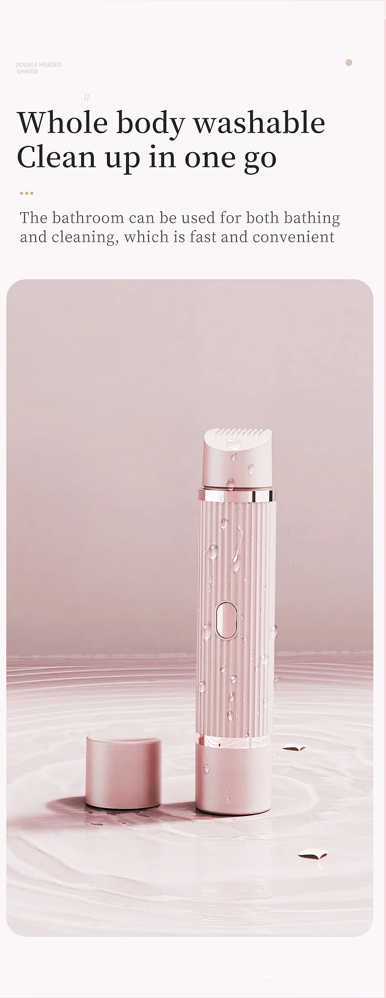 A pink electric razor bottle with a pump dispenser sits on a marble surface.