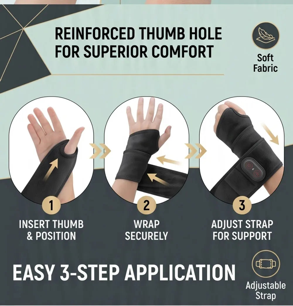 Three steps for applying an reinforced thumb hole support strap on a hand and wrist.