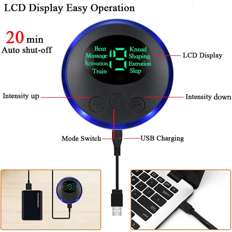 A portable EMS foot massager with an LCD display and USB charging cable is shown alongside a laptop.