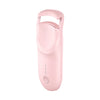 A pink heated eyelash curler with a hinged design shown against a white background.