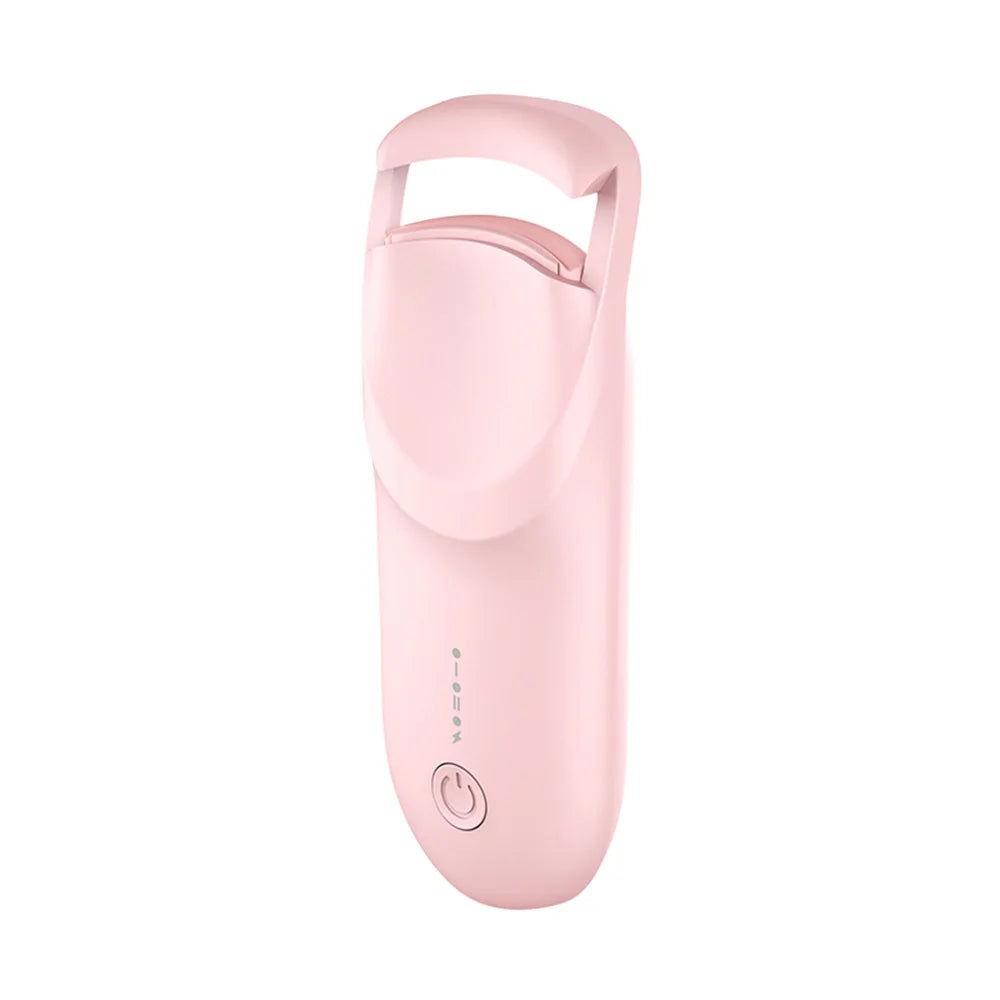 A pink heated eyelash curler with a hinged design shown against a white background.