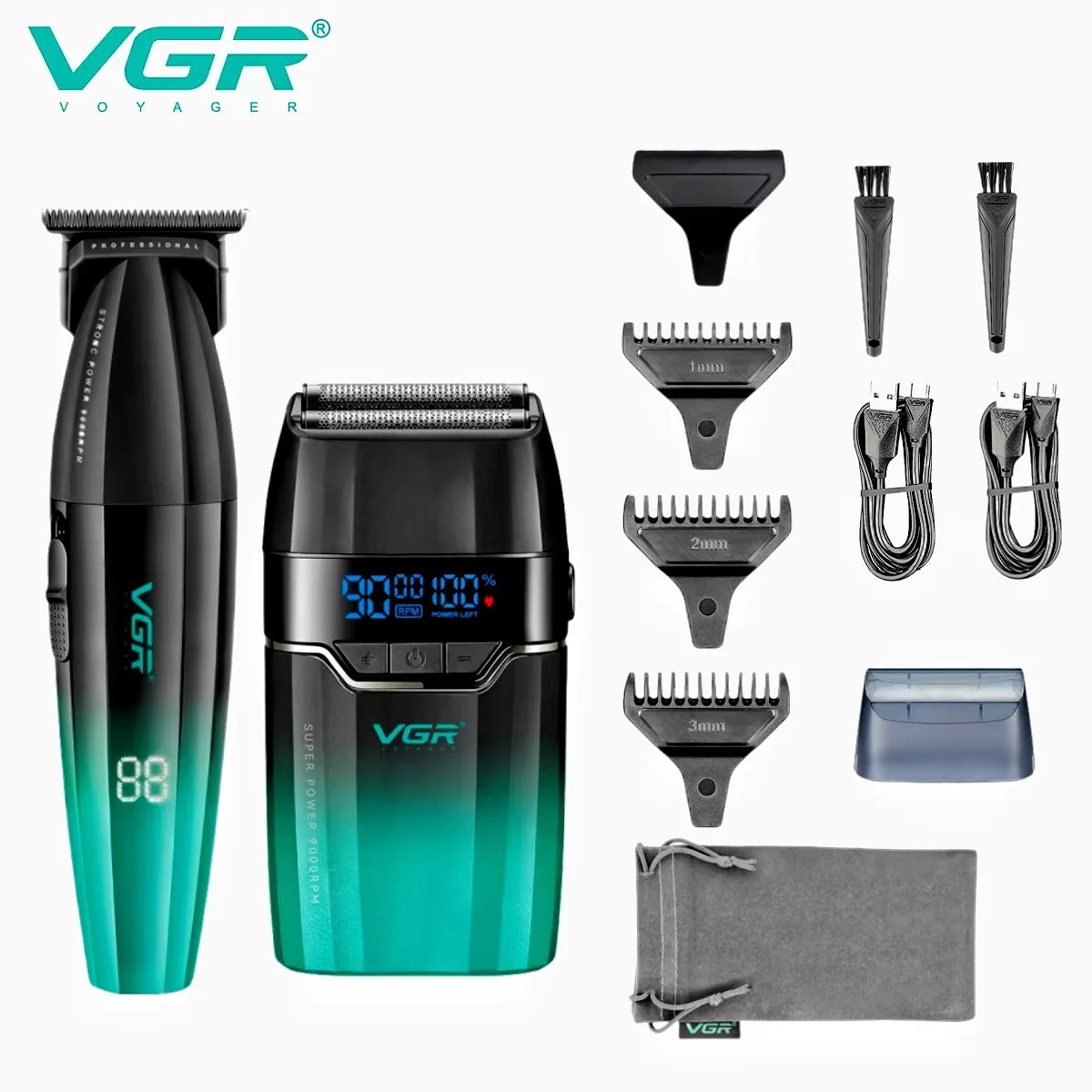 A set of VGR professional cordless hair trimmers including various guards and a carrying case.