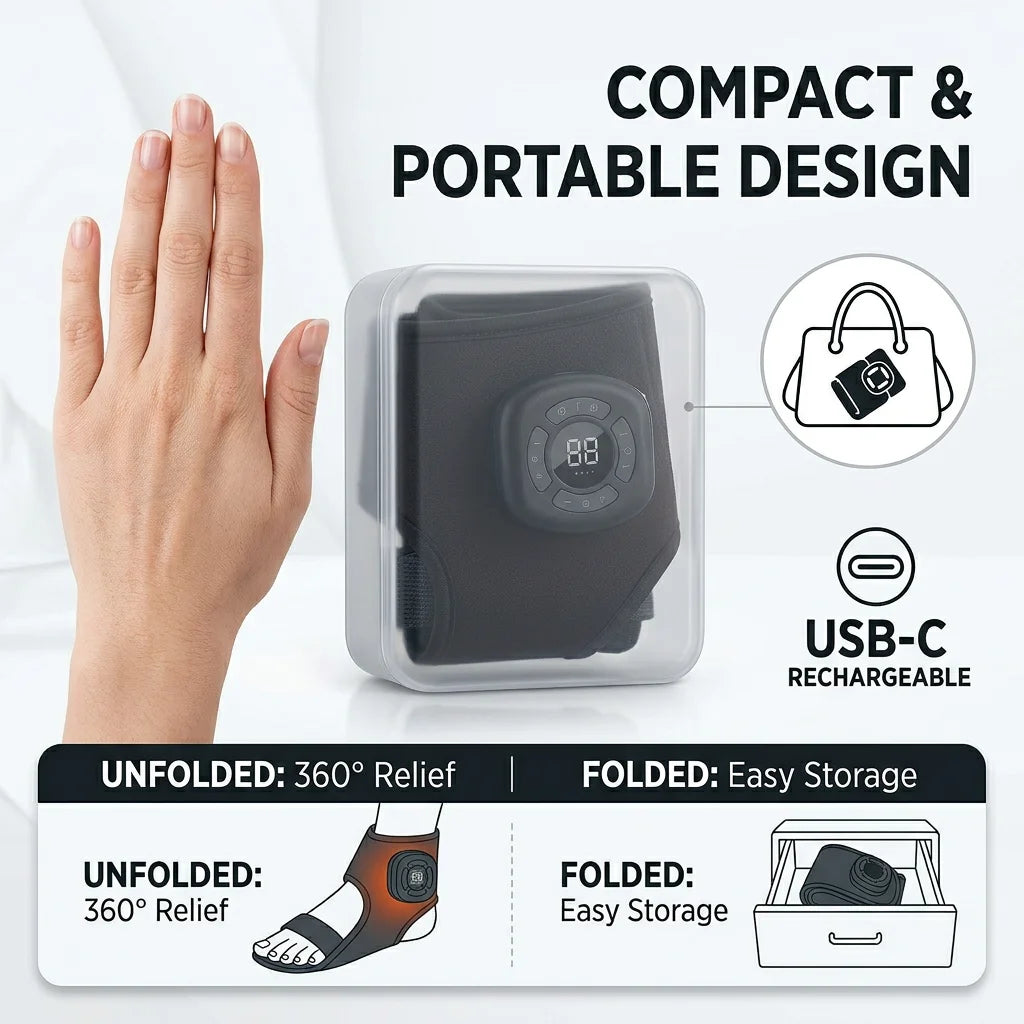 A portable USB-C rechargeable pneumatic ankle and foot massager shown in its compact, folded, and unfolded forms.