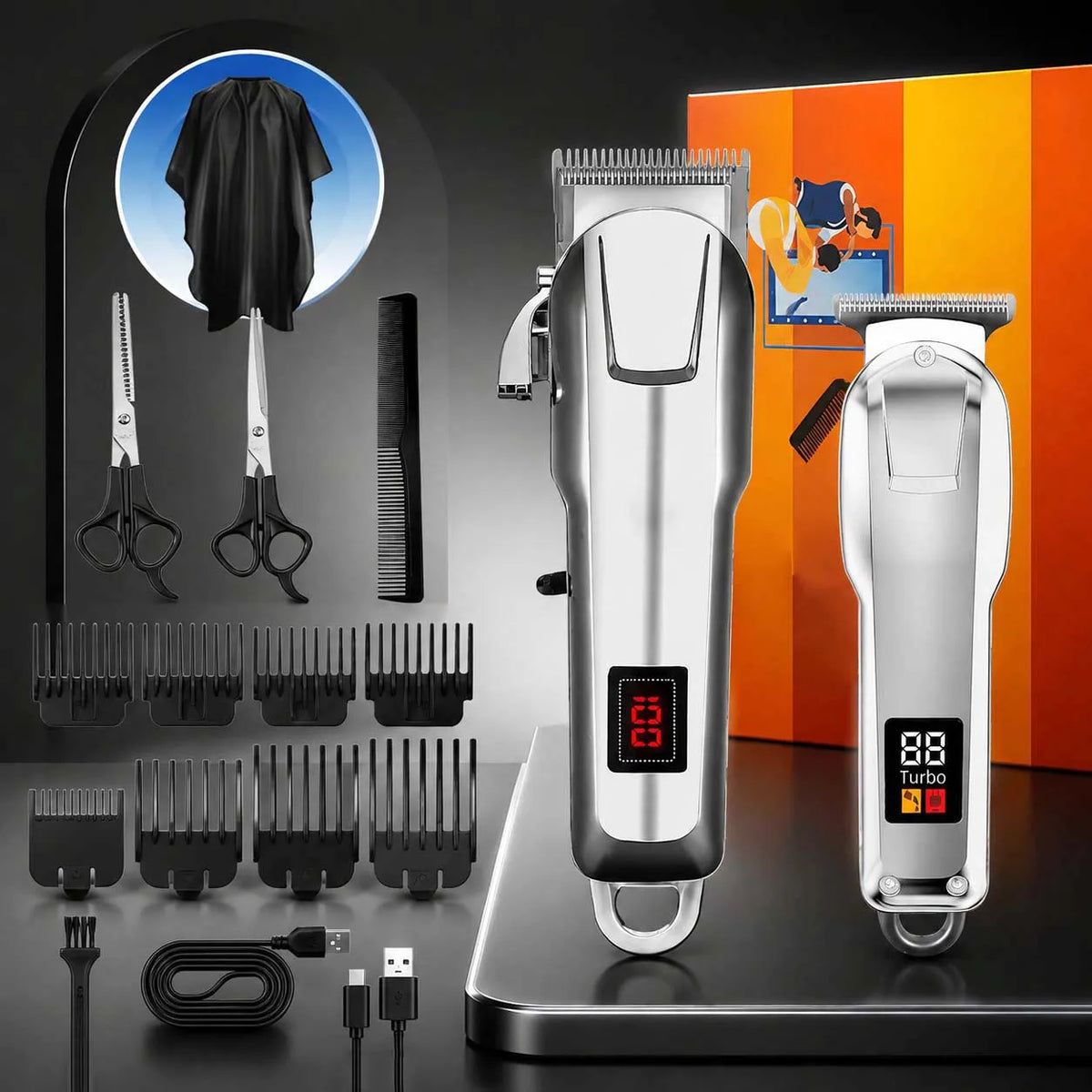 A set of professional cordless hair clippers and accessories displayed on a dark surface.