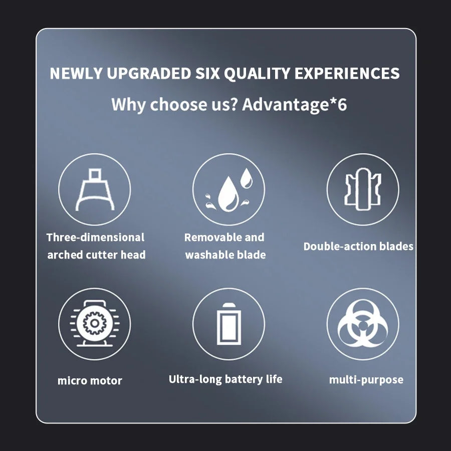 Six advantages of a rechargeable nose hair trimmer including a three-dimensional cutter head, removable blade, double-action 