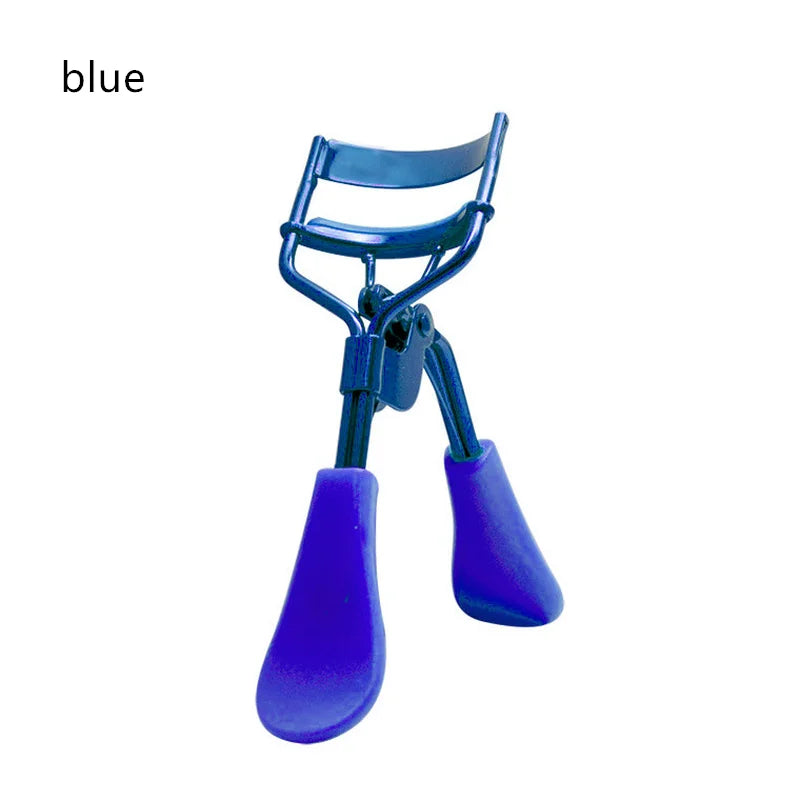 A set of blue professional eyelash curlers with purple silicone tips.