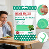 Packaged mint flavored dental floss picks shown next to a person, with diagrams illustrating their use.