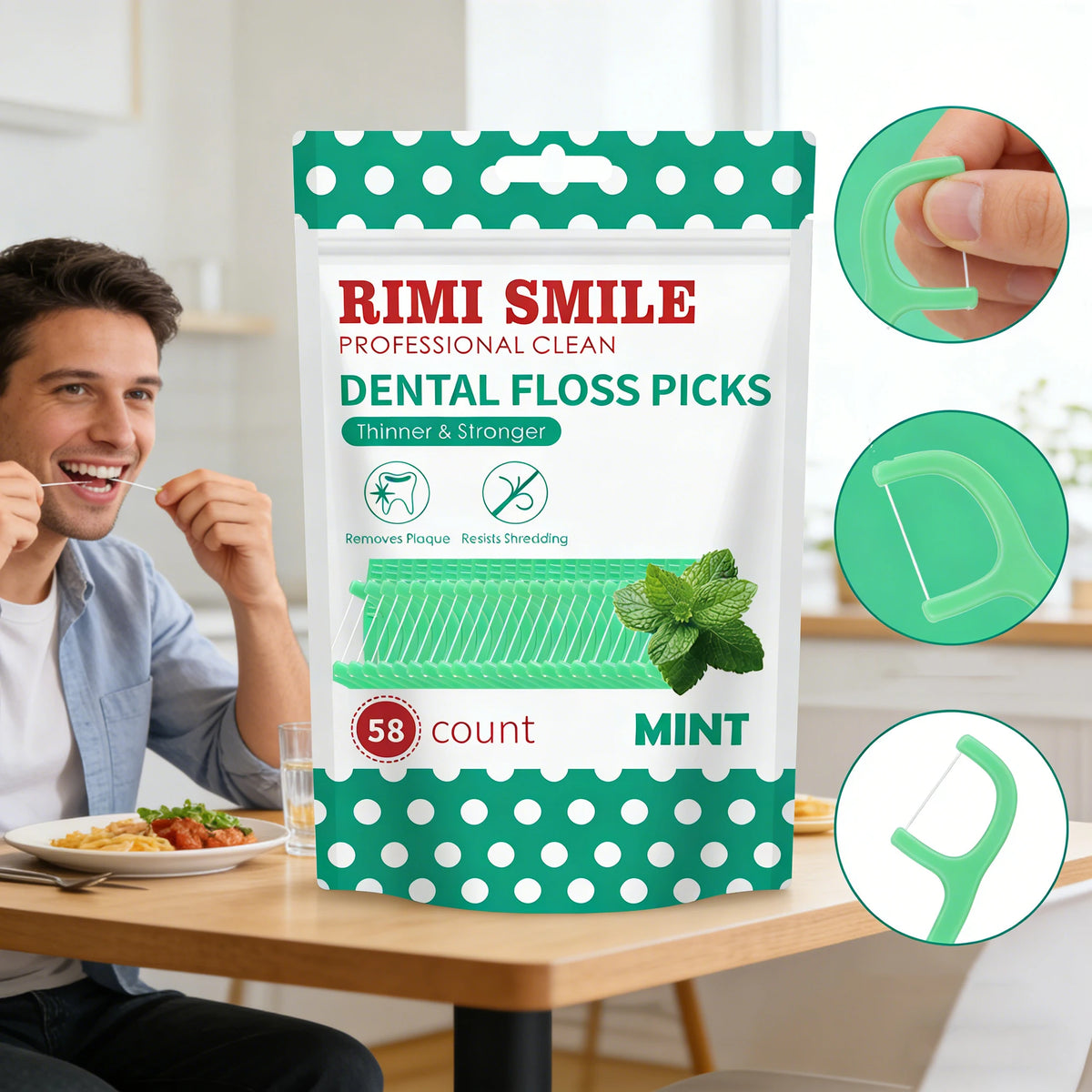 Packaged mint flavored dental floss picks shown next to a person, with diagrams illustrating their use.