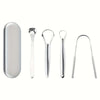 A set of stainless steel tongue scrapers, including a oval scraper and three different shaped scrapers.