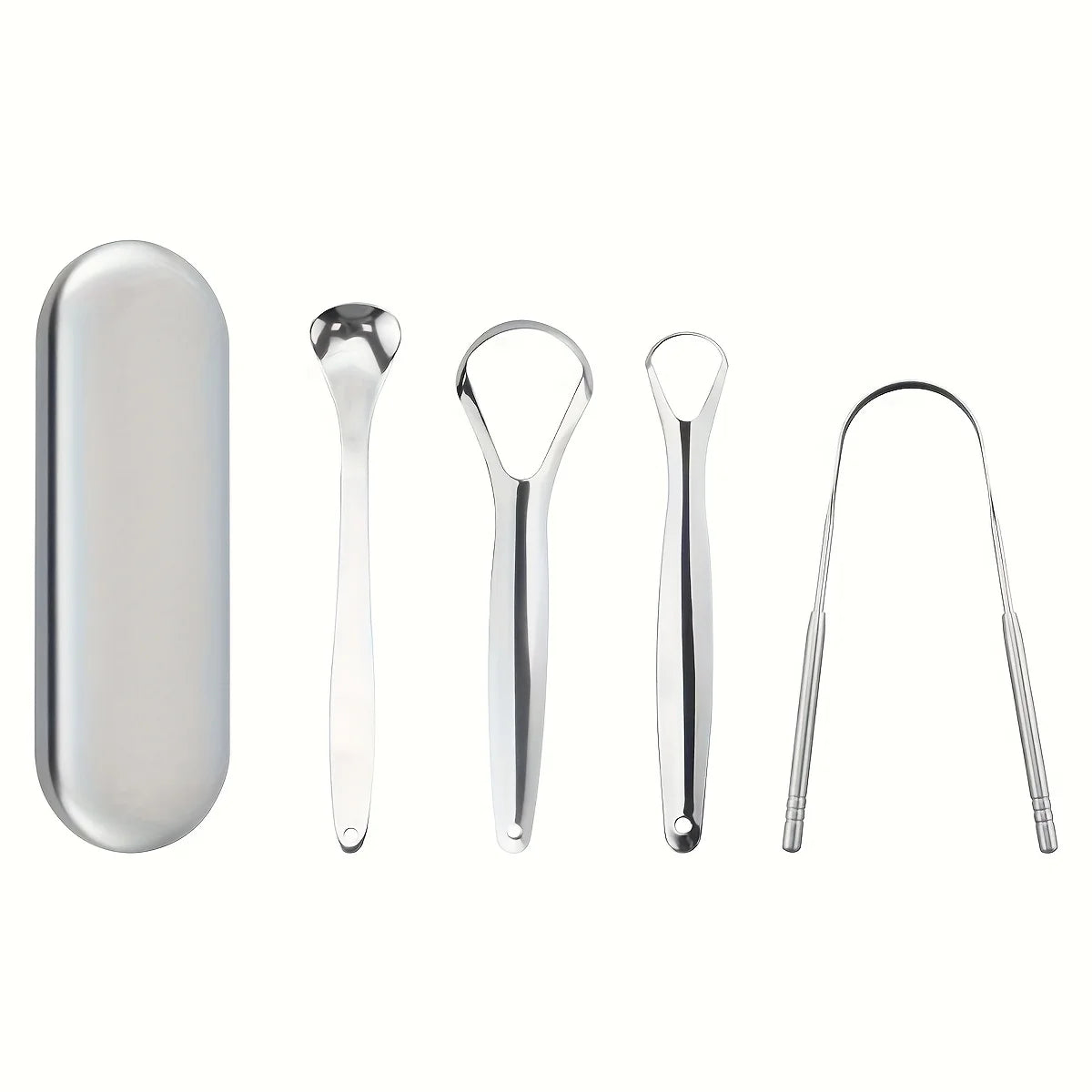 A set of stainless steel tongue scrapers, including a oval scraper and three different shaped scrapers.