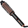 A black ceramic heated curling iron with a bristled barrel and a switch on the handle.
