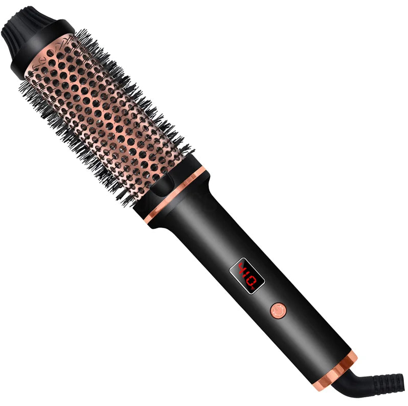 A black ceramic heated curling iron with a bristled barrel and a switch on the handle.