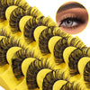 Yellow lash comb with black false lashes and a close-up of styled eyelashes