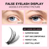 Before and after display of false eyelash extensions on a model's eye.
